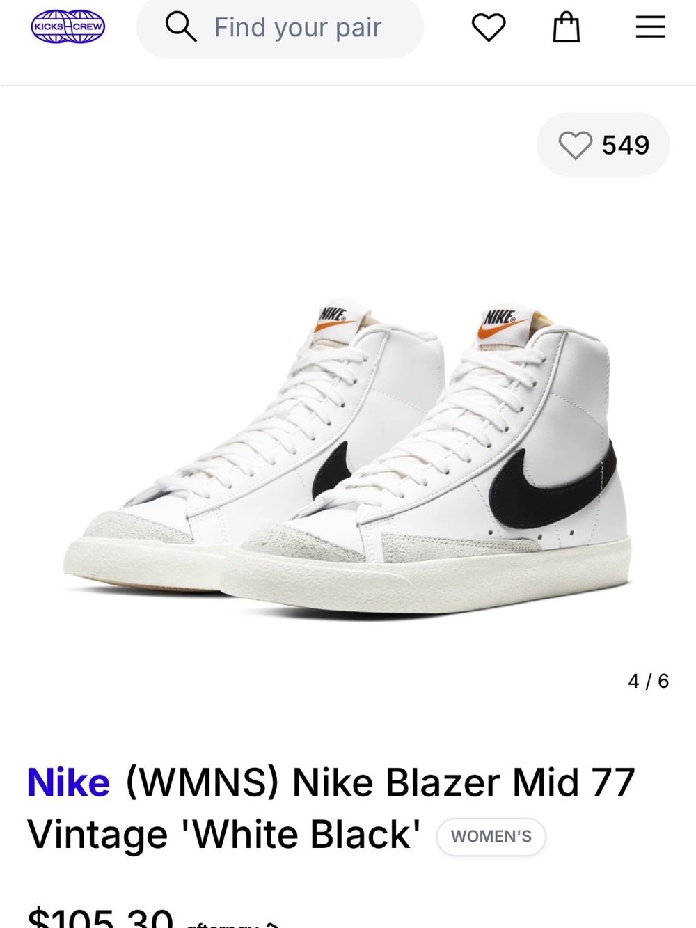 Nike Women's Blazer Mid '77 High Top Sneakers - White & Black